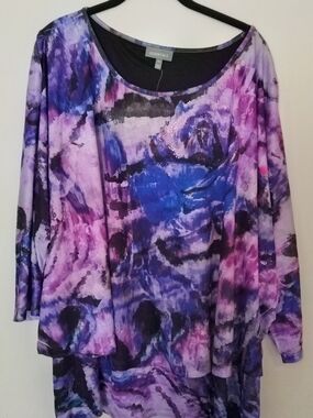 Essentials Purple and Blue Floral Scoop-Neck Long Sleeve Top
